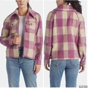Avec Les Filles Shacket Coat Full Zip Jacket Collared Plaid Pink Cream Small